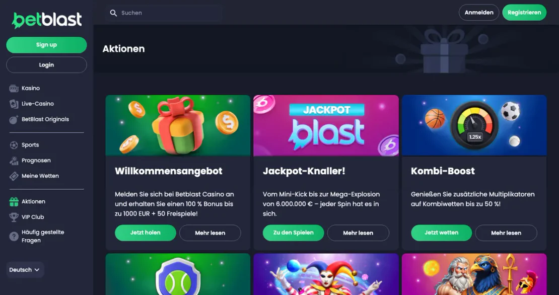 Bonusbereich auf der Website von betblast.com