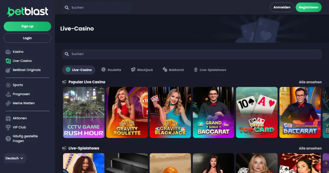 Live-Casino-Bereich von betblast.com